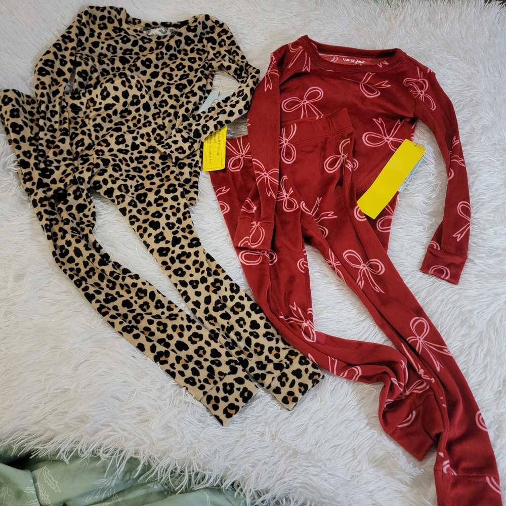 Cat & Jack Girls Size 4 Leopard/Red Pink Bow Pajama Sets Sold As Set 2 So Soft